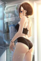 Rule 34 | absurdres, alcohol, asahi breweries, ass, beer can, black shorts, black tank top, bottle, breasts, brown hair, can, choker, colored inner hair, dolphin shorts, drink can, ear piercing, earrings, enpera (jdud8375), highres, jewelry, medium breasts, micro shorts, multicolored hair, original, piercing, refrigerator, short hair, shorts, tank top, water bottle, wine bottle, wristband
