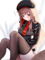Rule 34 | 1girl, absurdres, arms under breasts, beret, black hat, black jacket, black leotard, blush, breasts, brown hair, closed mouth, collared leotard, commentary, feet out of frame, goddess of victory: nikke, grey thighhighs, hat, highres, jacket, large breasts, leotard, light smile, long hair, long sleeves, looking at viewer, necktie, rapi (nikke), red eyes, red necktie, sitting, solo, tearing up, thighhighs, two-sided fabric, two-sided jacket, wasabiyu18