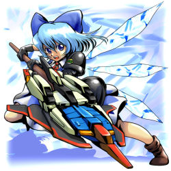 Rule 34 | 1girl, adapted costume, advent cirno, alternate weapon, blue eyes, blue hair, bow, cirno, detached wings, gundam, hair bow, ice, ice wings, matching hair/eyes, matirine, open mouth, short hair, solo, stance, touhou, weapon, wings, zeta gundam, zeta gundam (mobile suit)