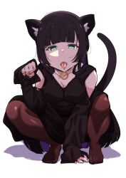 Rule 34 | 1girl, absurdres, animal ear fluff, animal ears, black choker, black dress, black hair, black pantyhose, bocchi the rock!, breasts, cat ears, cat girl, cat tail, chin piercing, choker, cleavage, clothing cutout, collarbone, colored inner hair, commentary request, dress, earclip, forked tongue, goumonsha, green eyes, highres, kemonomimi mode, long hair, long sleeves, looking at viewer, medium breasts, mole, mole on breast, multicolored hair, no shoes, open mouth, pa-san, pantyhose, paw pose, purple hair, shoulder cutout, simple background, sleeves past wrists, solo, squatting, tail, tongue, tongue out, white background