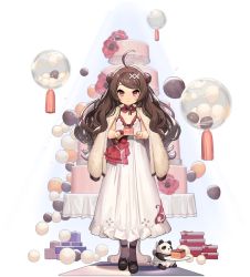 Rule 34 | 1girl, :d, ^ ^, ahoge, anchor symbol, animal, azur lane, black footwear, blush, brown hair, brown jacket, cake, cake slice, closed eyes, closed mouth, clothed animal, copyright name, double bun, dress, expressions, food, fur jacket, hair bun, hair ornament, highres, holding, holding plate, jacket, jacket on shoulders, kinjo kuromomo, layer cake, long hair, looking at viewer, official alternate costume, official art, open mouth, panda, ping hai (azur lane), ping hai (delicious crimson) (azur lane), plate, purple eyes, shoes, sleeveless, sleeveless dress, smile, solo, standing, swept bangs, transparent background, very long hair, wavy hair, white dress