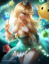 Rule 34 | 1girl, artist name, bad deviantart id, bad id, bare shoulders, blonde hair, blue dress, blue eyes, breasts, cleavage, crown, dress, earrings, earth (planet), frilled dress, frills, gradient background, hair over one eye, hand on own chest, jewelry, large breasts, lips, long hair, looking at viewer, luma (mario), mario (series), neck, nintendo, planet, princess, rosalina, shiny skin, smile, solarblade, space, sparkle, star (symbol), star earrings, strapless, strapless dress, super mario bros. 1, super mario galaxy, thighs, vengarlsolarblade, wand