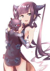 Rule 34 | 1girl, bare shoulders, black dress, blue eyes, blunt bangs, blush, breasts, china dress, chinese clothes, cleavage, covered navel, detached sleeves, dress, fate/grand order, fate (series), hair ornament, haku (grimjin), highres, long hair, looking at viewer, medium breasts, octopus, open mouth, purple hair, sidelocks, simple background, smile, thighs, tokitarou (fate), twintails, very long hair, white background, yang guifei (fate), yang guifei (second ascension) (fate)