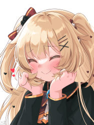 Rule 34 | 1girl, ^ ^, akai haato, akai haato (gothic lolita), black dress, blonde hair, blush, closed eyes, commentary request, dress, facing viewer, hair ornament, hairpin, head rest, heart, heart hair ornament, highres, holding, holding own hair, hololive, long hair, long sleeves, magowasabi, signature, smile, solo, twitter username, two side up, virtual youtuber, white background, x hair ornament