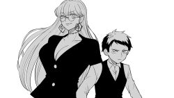 Rule 34 | 1boy, 1girl, black dress, breasts, cleavage, dress, fabricant 100, fabricant number 100, glasses, greyscale, highres, large breasts, long hair, looking at viewer, mannma17, monochrome, short hair, standing, stitched neck, stitches, upper body, vest, white background, yao ashibi