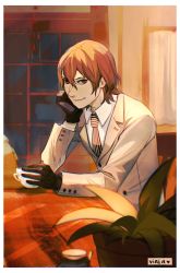 Rule 34 | 1boy, akechi gorou, artist name, atlus, black gloves, black necktie, brown hair, buttons, coffee mug, collared jacket, collared shirt, cup, curtains, drink, eyebrows, formal, gloves, grey jacket, grey suit, hair between eyes, hand on own face, highres, holding, holding drink, indoors, jacket, long sleeves, looking at viewer, male focus, mug, necktie, pale skin, persona, persona 5, persona 5 the royal, plant, potted plant, red eyes, shirt, short hair, sleeves past elbows, smirk, solo, solo focus, steam, striped, striped necktie, suit, table, twitter username, viria13, watermark, white shirt, window