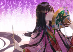 Rule 34 | 1girl, absurdly long hair, absurdres, black hair, blush, breasts, calligraphy brush, fate/grand order, fate (series), flower, folding fan, hand fan, highres, japanese clothes, karaginu mo, kimono, layered clothes, layered kimono, long hair, long sleeves, looking at viewer, murasaki shikibu (fate), murasaki shikibu (third ascension) (fate), omizu (mimisyumikan), paintbrush, pink kimono, purple eyes, smile, very long hair, wide sleeves, wisteria