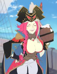 Rule 34 | 1girl, absurdres, black coat, blue sky, blush, braid, breasts, cleavage, coat, cowboy shot, day, epaulettes, closed eyes, facing viewer, fate/grand order, fate (series), foam mustache, francis drake (fate), gloves, hand up, hat, highres, holding, large breasts, long hair, open clothes, open coat, outdoors, pale skin, pink hair, pirate hat, sankomichi, ship, single braid, sky, smile, solo, tankard, watercraft, white gloves