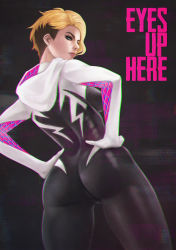 Rule 34 | 1girl, absurdres, ass, asymmetrical hair, black bodysuit, blonde hair, blue eyes, bodysuit, breasts, commentary, english commentary, english text, eyebrow piercing, gwen stacy, hair dye, hands on own hips, highres, hood, hood down, hooded bodysuit, lips, looking at viewer, looking back, makeup, marvel, mascara, medium breasts, monori rogue, multicolored bodysuit, multicolored clothes, nose, piercing, short hair, skin tight, solo, spider-gwen, spider-man: into the spider-verse, spider-man (series), spider-verse, spider web print, superhero costume, thick eyebrows, turning head, undercut, white bodysuit