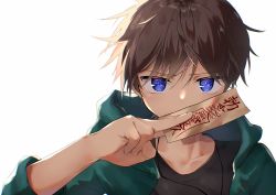 Rule 34 | 1boy, between fingers, black shirt, brown hair, child, commentary request, covering own mouth, green hoodie, hair between eyes, highres, holding, holding paper, hood, hoodie, looking at viewer, male focus, ofuda, ofuda between fingers, original, paper, purple eyes, shirt, simple background, tennen o595, translation request, white background