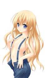 Rule 34 | 1girl, absurdres, artist request, blonde hair, blue eyes, colorized, flat chest, highres, long hair, mayoi neko overrun!, naked suspenders, navel, overalls, revealing clothes, solo, suspenders, topless, transparent background, umenomori chise, unbuttoned, unzipped