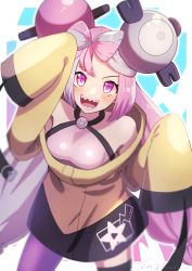 Rule 34 | 1girl, :d, arm up, blush, breasts, commentary request, creatures (company), game freak, grey shirt, hand up, highres, iono (pokemon), jacket, long hair, looking at viewer, medium breasts, multicolored hair, muraoka tem, nintendo, open mouth, pantyhose, pink hair, pokemon, pokemon sv, purple eyes, purple pantyhose, sharp teeth, shirt, single leg pantyhose, sleeveless, sleeveless shirt, small breasts, smile, solo, teeth, thigh strap, tongue, two-tone hair, yellow jacket