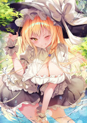 Rule 34 | 1girl, absurdres, alternate breast size, apron, blonde hair, blush, bow, braid, breasts, cleavage, day, dress, hair bow, hat, hat bow, highres, kirisame marisa, long hair, looking at viewer, medium breasts, nenobi (nenorium), one eye closed, outdoors, partially submerged, short sleeves, side braid, single braid, smile, touhou, waist apron, white bow, witch hat, yellow eyes