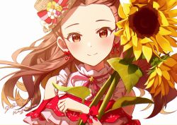 Rule 34 | 1girl, artist name, blush, boater hat, brown hair, brown hat, cherry earrings, closed mouth, clothing cutout, commentary, curly hair, dated, dress, earrings, flower, food-themed earrings, food themed earrings, forehead, hair pulled back, hat, high collar, holding, holding flower, idolmaster, idolmaster cinderella girls, jewelry, long hair, looking at viewer, nagononn, neck ribbon, red eyes, ribbon, seki hiromi, shoulder cutout, signature, simple background, smile, solo, straw hat, sunflower, tilted headwear, white background, white dress, wind