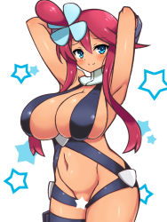Rule 34 | 1girl, armpits, arms behind head, arms up, blue eyes, blush, breasts, censored, chro (rulurullu), creatures (company), game freak, groin, hair ornament, huge breasts, long hair, looking at viewer, naked suspenders, navel, nintendo, pokemon, pokemon bw, red hair, sidelocks, skyla (pokemon), smile, solo, star (symbol), star censor, suspenders