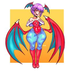 Rule 34 | 1girl, arms behind back, boots, capcom, detached sleeves, fangs, flat chest, leotard, lilith aensland, marrii1n, pantyhose, purple hair, red eyes, short hair, thick thighs, thighs, vampire (game), wings