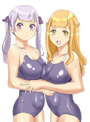 Rule 34 | 2girls, bare shoulders, black clover, blush, breasts, closed mouth, grey hair, highres, large breasts, mimosa vermillion, multiple girls, noelle silva, open mouth, orange hair, purple eyes, smile, swimsuit, tagme, tukemen gyokai, twintails, yellow eyes
