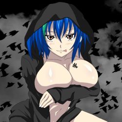 Rule 34 | 1girl, blue hair, blush, breast tattoo, breasts, brown eyes, covering privates, covering breasts, high school dxd, large breasts, legs, looking at viewer, naughty face, navel, open clothes, short hair, smile, tattoo, thighs, tongue, tongue out, xenovia quarta