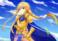 Rule 34 | 1girl, alice zuberg, armor, armored dress, artist name, blonde hair, blue eyes, blue sky, braid, cloud, commentary, day, floating hair, gold armor, hairband, highres, holding, holding sword, holding weapon, long hair, looking at viewer, outdoors, pauldrons, rinse 7, sheath, sheathed, shoulder armor, sky, solo, standing, sword, sword art online, sword art online: alicization, very long hair, weapon, white hairband