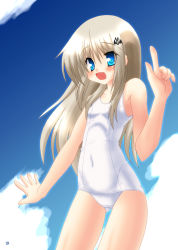 Rule 34 | 1girl, blonde hair, blue eyes, fang, little busters!, long hair, noumi kudryavka, one-piece swimsuit, saano chia, school swimsuit, solo, swimsuit, white school swimsuit, white one-piece swimsuit