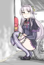 Rule 34 | 1girl, alley, ass, blush, clochetteravine, highres, hololive, long hair, looking to the side, motor vehicle, murasaki shion, open mouth, panties, panty pull, peeing, puddle, silver hair, squatting, steam, truck, underwear, virtual youtuber