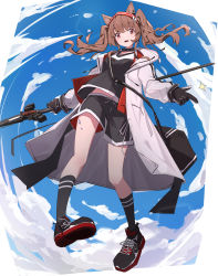 Rule 34 | 1girl, absurdres, angelina (arknights), animal ears, arknights, bag, bare legs, black footwear, black gloves, black shirt, black shorts, blue sky, brown hair, chichi guai, cloud, floating, fox ears, full body, gloves, hairband, highres, holding, holding staff, index finger raised, infection monitor (arknights), jacket, long hair, long sleeves, midair, outdoors, red eyes, red hairband, red jacket, shirt, shoes, shorts, shoulder bag, sky, sneakers, socks, solo, sparkle, staff, striped clothes, striped hairband, twintails, white background, white jacket