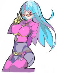 Rule 34 | 1girl, belt, blue hair, bodysuit, chaps, cropped jacket, enpe, glasses, gloves, kula diamond, one-hour drawing challenge, red eyes, simple background, solo, the king of fighters, white background