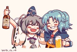 Rule 34 | 2girls, :d, ^ ^, alcohol, beer, blue hair, blush, breasts, closed eyes, dated, grey hair, grin, hat, hood, japanese clothes, jewelry, kariginu, kesa, kumoi ichirin, long sleeves, medium hair, mononobe no futo, multiple girls, nun, open mouth, pendant, pom pom (clothes), ponytail, purple neckwear, ribbon-trimmed sleeves, ribbon trim, small breasts, smile, tate eboshi, touhou, wide sleeves, you taira