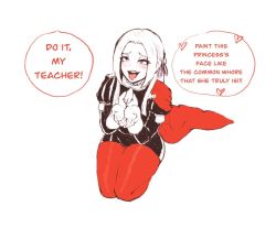 Rule 34 | 1girl, blush, cape, clenched hands, cupping hands, edelgard von hresvelg, english text, fire emblem, fire emblem: three houses, gloves, juliet sleeves, limited palette, long hair, long sleeves, looking at viewer, nintendo, nyantcha, oral invitation, own hands together, pantyhose, puffy sleeves, red cape, red pantyhose, seiza, simple background, sitting, smile, solo, tongue, tongue out, waiting for cum, white background