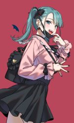 Rule 34 | 1girl, :d, bag, barbell piercing, black bow, black mask, black nails, black skirt, blue eyes, blue hair, bow, bshi edayo, choker, detached wings, ear piercing, fangs, hair bow, hand up, handbag, hatsune miku, heart o-ring, highres, industrial piercing, jewelry, long sleeves, looking at viewer, mask, mask pull, medium hair, mini wings, mouth mask, multiple rings, nail polish, neck ribbon, open mouth, piercing, pink background, pink shirt, ribbon, ring, shirt, short twintails, sidelocks, simple background, skirt, smile, solo, teeth, twintails, upper teeth only, vampire, vampire (vocaloid), vocaloid, wings