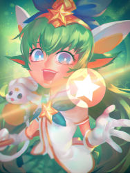 Rule 34 | 1girl, :d, backlighting, blue bow, blurry, blush, bow, colored eyelashes, creature, depth of field, green hair, green skirt, hair bow, hair ornament, holding, holding staff, league of legends, leng, light particles, looking at viewer, lulu (league of legends), magic, magical girl, open mouth, palms, pleated skirt, shirt, short sleeves, skirt, smile, staff, star (symbol), star guardian (league of legends), star guardian lulu, star hair ornament, upper body, white shirt, yordle