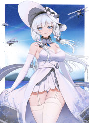 Rule 34 | 1girl, absurdres, aircraft, airplane, azur lane, bare shoulders, biplane, blue eyes, blue sky, blush, breasts, cleavage, dress, elbow gloves, fairey swordfish, feet out of frame, flower, garter straps, gloves, hair flower, hair ornament, highres, illustrious (azur lane), kcar66t, large breasts, long hair, looking at viewer, open mouth, silver hair, sky, smile, solo, standing, teeth, thighhighs, thighs, upper teeth only, white dress, white gloves, white headwear, white thighhighs