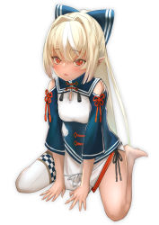 Rule 34 | 1girl, aged down, barefoot, blonde hair, bow, child, dark-skinned female, dark skin, full body, g-sammy, hair bow, highres, hololive, pointy ears, ponytail, red eyes, shiranui flare, shiranui flare (old design), single thighhigh, sitting, solo, thighhighs, virtual youtuber, wariza