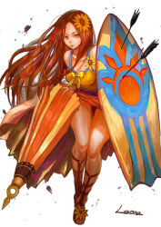 Rule 34 | 1girl, arrow (projectile), brown hair, canking, character name, flower, hair flower, hair ornament, league of legends, leona (league of legends), long hair, parasol, pool party leona, sandals, shield, solo, sunflower, surfboard, thigh gap, umbrella, very long hair, yellow eyes