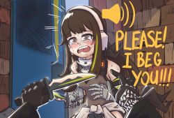 Rule 34 | 1girl, armband, blush, brown eyes, brown hair, clothes around waist, commentary, counter-strike, counter-strike (series), cowboy shot, crying, crying with eyes open, english commentary, english text, girls&#039; frontline, gloves, green hair, highres, holding, holding knife, holding weapon, jacket, jacket around waist, knife, long hair, m4a1 (girls&#039; frontline), meme, multicolored hair, open mouth, pov, scarf, serjatronic, streaked hair, tears, teeth, upper teeth only, walkie-talkie, weapon
