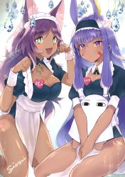 Rule 34 | 2girls, alternate costume, animal ears, apron, blue eyes, breasts, cleavage, dark skin, dark-skinned female, earrings, enmaided, facial mark, fate/grand order, fate (series), highres, jewelry, looking at viewer, maid, maid headdress, medjed (fate), multiple girls, nitocris (fate), purple eyes, queen of sheba (fate), seiza, sirom, sitting, white apron, wrist cuffs