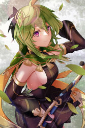 Rule 34 | 1girl, arm up, bow (weapon), breasts, brown dress, capelet, closed mouth, collei (genshin impact), commentary request, detached sleeves, dress, genshin impact, green capelet, green hair, hair ornament, highres, holding, holding bow (weapon), holding weapon, long sleeves, looking at viewer, medium breasts, medium hair, nyabe, puffy long sleeves, puffy sleeves, purple eyes, short dress, sideboob, smile, solo, weapon