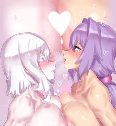 Rule 34 | 2girls, absurdres, areola slip, blue eyes, blush, breast press, breasts, censored, collarbone, colored eyelashes, completely nude, from side, grey hair, heart, heart censor, highres, large breasts, long hair, looking at another, low ponytail, mizuumi (bb), multiple girls, nude, original, parted lips, profile, purple hair, red eyes, short hair with long locks, sidelocks, smile, sweat, symmetrical docking, upper body, yuri