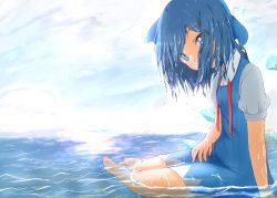 Rule 34 | 1girl, arm support, barefoot, blue dress, blue eyes, blue hair, bow, breasts, cirno, cloud, cloudy sky, commentary, day, dress, eyes visible through hair, hair bow, hair over mouth, hair over one eye, hand on lap, head tilt, highres, horizon, in water, looking at viewer, mizune (winter), neck ribbon, ocean, outdoors, pinafore dress, puffy short sleeves, puffy sleeves, red ribbon, ribbon, shirt, short hair, short sleeves, sitting, sky, sleeveless dress, small breasts, solo, thick eyebrows, touhou, untied, water drop, wet, wet clothes, wet hair, white shirt, wings, yokozuwari