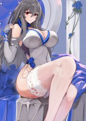 Rule 34 | 1girl, azur lane, bare shoulders, blue flower, breasts, cleavage, cross, cross earrings, dress, earrings, elbow gloves, evening gown, fingerless gloves, flower, gloves, grey hair, highres, jewelry, large breasts, looking at viewer, marshall k, mole, mole under eye, no bra, red eyes, saint-louis (azur lane), saint-louis (holy knight&#039;s resplendence) (azur lane), sitting, sleeveless, sleeveless dress, solo, thighhighs, white dress, white thighhighs