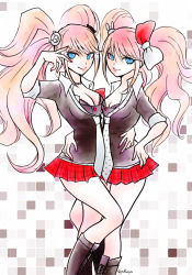 Rule 34 | 2girls, arm around waist, bear hair ornament, black footwear, black shirt, blonde hair, blue eyes, bow, bowtie, bra, braid, breasts, calf boots, checkered background, choker, cleavage, collared shirt, cosplay, danganronpa: trigger happy havoc, danganronpa (series), enoshima junko, enoshima junko (cosplay), feet out of frame, freckles, frilled bra, frills, hair bow, hair ornament, hand around waist, hand on another&#039;s back, hand on own hip, hand on own hip, ikusaba mukuro, impersonation, incest, large breasts, long bangs, long hair, looking at viewer, multicolored bow, multiple girls, necktie, pale skin, plaid, plaid skirt, pleated skirt, polka dot, polka dot neckwear, rabbit hair ornament, red bow, red skirt, shirt, siblings, sisters, skirt, small breasts, twincest, twins, twintails, two-tone bow, underwear, white bow, white choker, white neckwear, wig, yuri