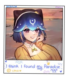 Rule 34 | 1girl, absurdres, bao (vtuber), bao (vtuber) (5th costume), beach, beret, black headwear, blonde hair, blue hair, blush, breasts, character name, choker, cleavage, commentary, english commentary, food, fruit, hair between eyes, hand on own cheek, hand on own face, hat, heart, highres, indie virtual youtuber, kyaree, lemon, lemon slice, looking at viewer, lyrics, medium breasts, ocean, official alternate costume, outdoors, parted lips, polaroid, portrait, red eyes, ribbed sweater, short hair, smile, solo, song name, sweater, twitter username, virtual youtuber, white choker, yellow sweater