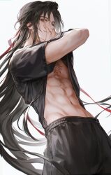 Rule 34 | 1boy, abs, absurdres, black hair, black pants, black shirt, brown eyes, clothes lift, covering own mouth, grin, guilty challenge (meme), hair ribbon, hand over own mouth, hand under clothes, hand under shirt, highres, long hair, looking at viewer, male focus, meme, modao zushi, muscular, muscular male, pants, ponytail, red ribbon, ribbon, shirt, shirt lift, smile, stomach, sun tattoo, sweatpants, tan, very long hair, wei wuxian, young57440489