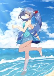 Rule 34 | 1girl, bare arms, bare shoulders, barefoot, blue eyes, blue hair, blue shirt, blue skirt, blue sky, breasts, cloud, cloudy sky, commentary request, copyright request, day, foam, hair ribbon, highres, horizon, iseshi, long hair, ocean, outdoors, red ribbon, ribbon, shirt, side ponytail, skirt, sky, small breasts, soles, solo, standing, standing on one leg, very long hair, water, waves