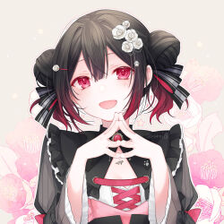 Rule 34 | 1girl, :d, black hair, bow, breasts, brooch, copyright request, double bun, floral background, flower, frills, grey shirt, hair between eyes, hair bun, hair flower, hair ornament, hairclip, hands up, highres, jewelry, juliet sleeves, kuroi (liar-player), long sleeves, open mouth, puffy sleeves, red eyes, red hair, shirt, small breasts, smile, solo, steepled fingers, striped, striped bow, twintails, twitter username, upper body, white flower, wide sleeves