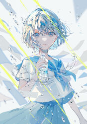 Rule 34 | 1girl, absurdres, blank stare, blue neckerchief, blue sailor collar, blue skirt, bottle, commentary request, cowboy shot, from side, grey eyes, grey hair, hagimorijia, highres, holding, holding bottle, light frown, long bangs, long skirt, looking at viewer, neckerchief, original, paper, parted lips, pleated skirt, sailor collar, school uniform, serafuku, shirt, short hair, short sleeves, skirt, solo, water, water bottle, water drop, white background, white shirt, wind, wind lift