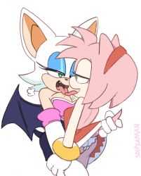 Rule 34 | 2girls, amy rose, animal ears, artist name, bat ears, bat girl, bat wings, black wings, bracelet, breasts, elbow gloves, eyelashes, eyeliner, feet out of frame, female focus, french kiss, from behind, furry, furry female, furry with furry, gloves, green eyes, hairband, half-closed eyes, hedgehog ears, hedgehog girl, hedgehog tail, jewelry, kiss, large breasts, looking at another, makeup, multiple girls, panties, pink hair, red hairband, rouge the bat, saliva, short hair, simple background, snou, sonic (series), sooperman, tail, tail grab, tongue, tongue out, underwear, white background, white gloves, white panties, wings, yuri
