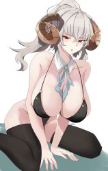 Rule 34 | 1girl, absurdres, black thighhighs, blue ribbon, breasts, character request, cleavage, curled horns, detached collar, feet out of frame, grey hair, high ponytail, highres, horns, kasumi saika, large breasts, original, pointy ears, red eyes, ribbon, slingshot swimsuit, swimsuit, thighhighs, white background