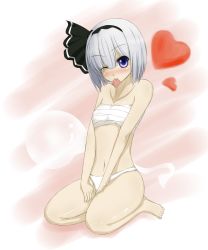 Rule 34 | 1girl, bad id, bad pixiv id, bare shoulders, barefoot, blue eyes, blush, chest sarashi, collarbone, condom, condom in mouth, dfx, female focus, ghost, hairband, heart, highres, konpaku youmu, konpaku youmu (ghost), mouth hold, navel, one eye closed, panties, sarashi, short hair, silver hair, sitting, solo, touhou, underwear, underwear only, v arms, wink