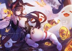 Rule 34 | 1girl, animal ears, ass, black hat, black leotard, black nails, breasts, brown hair, bug, butterfly, detached sleeves, fake animal ears, feet, fireball, flower, genshin impact, ghost, hat, hat flower, hu tao (genshin impact), insect, jewelry, leotard, long hair, long sleeves, looking at viewer, medium breasts, mitsu (mitsu art), nail polish, no shoes, outstretched arms, patreon username, playboy bunny, rabbit ears, red eyes, ring, sideboob, sitting, skindentation, smile, soles, solo, symbol-shaped pupils, thighhighs, thighs, toes, twintails, very long hair, white thighhighs, yokozuwari